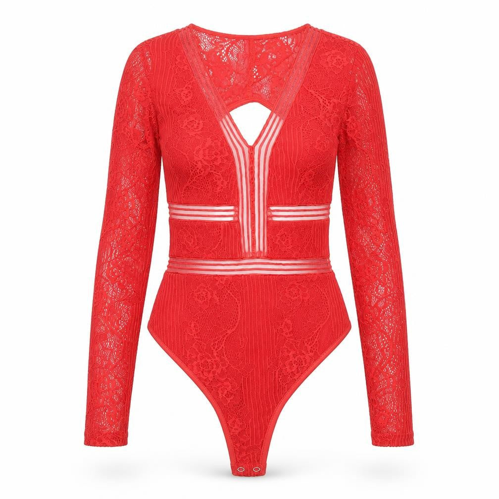 Front view of Naanaa women’s red polyester bodysuit one-piece, size UK 8, snap