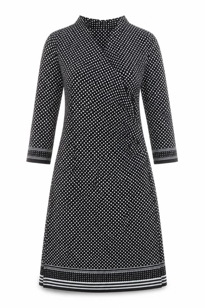 Front view of Max Studio women’s black polka dot polyester a-line, size L, v-neck pullover