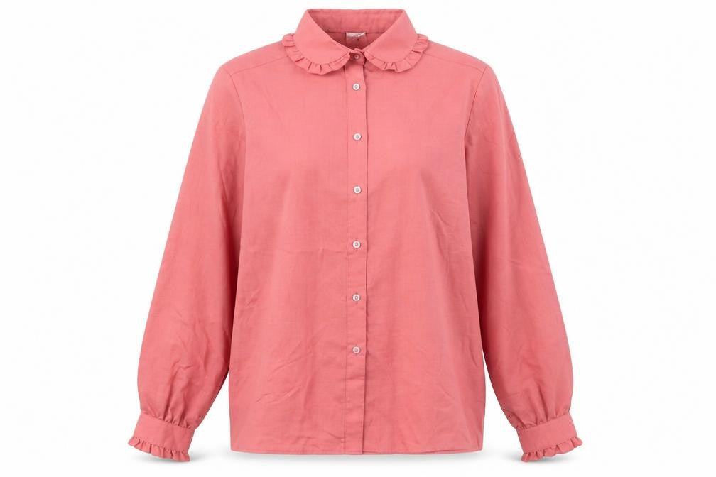 Front view of C&A women’s pink polyester basic button-up, size UK 12, collared