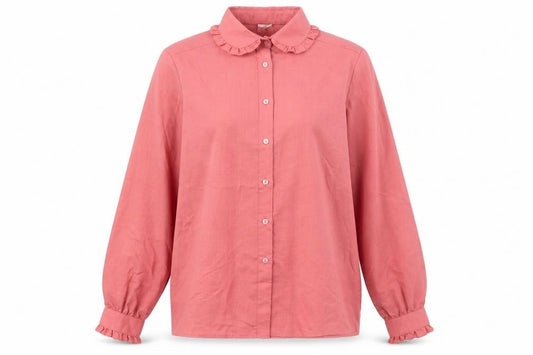 Front view of C&A women’s pink polyester basic button-up, size UK 12, collared