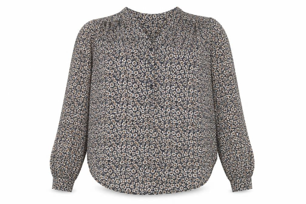 Front view of H&M women’s brown floral modal basic button-up, size UK 6, v-neck