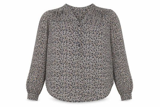 Front view of H&M women’s brown floral modal basic button-up, size UK 6, v-neck