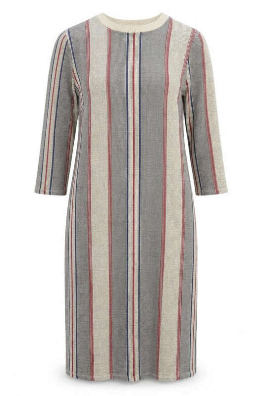 Front view of Zara women’s multicoloured striped polyester jumper dress, size M, crew neck pullover