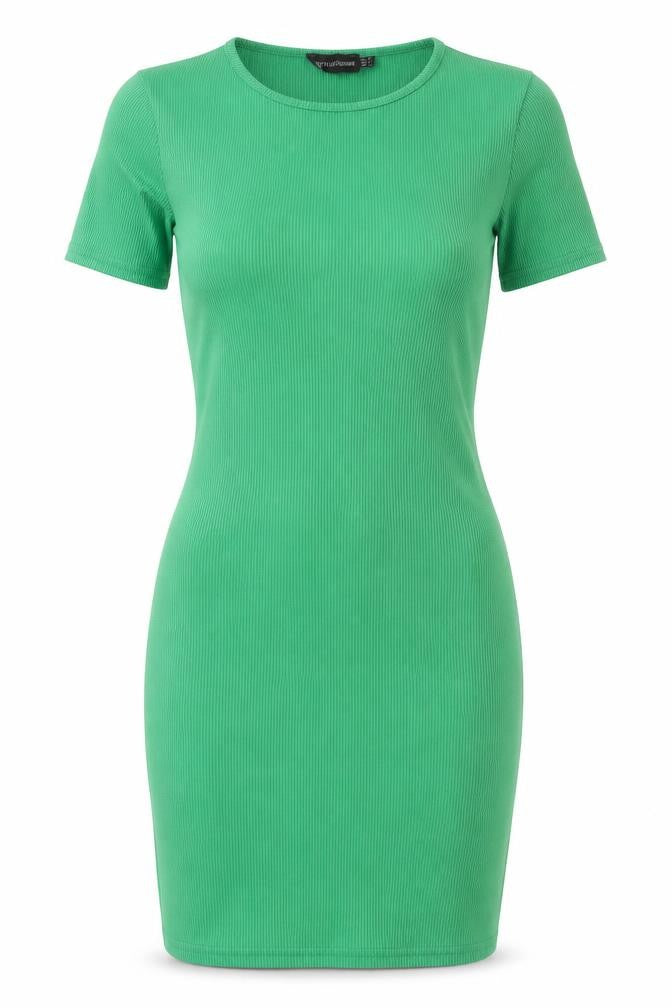 Front view of PRETTYLITTLETHING women’s green polyester bodycon, size UK 12, crew neck pullover