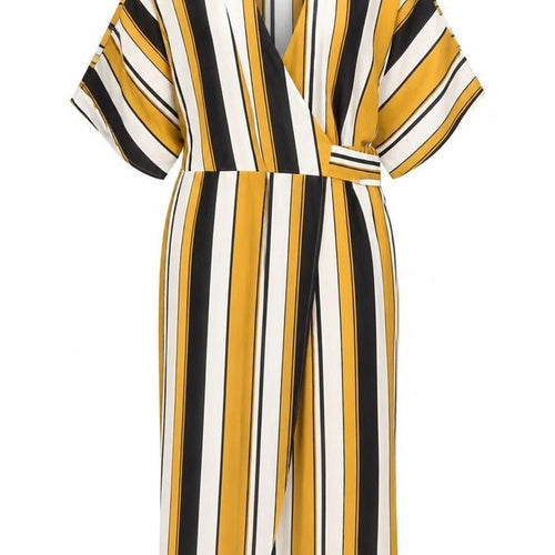 FOREVER 21 Womens Yellow Striped Polyester Wrap Dress Size S V-Neck Tie