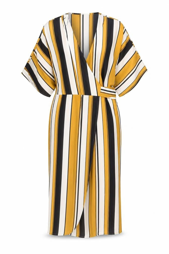FOREVER 21 Womens Yellow Striped Polyester Wrap Dress Size S V-Neck Tie