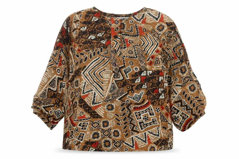 Front view of Sharon Anthony women’s brown geometric polyester basic t-shirt, size UK 16, crew neck
