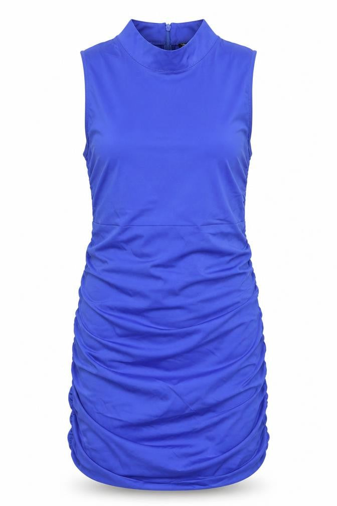 Front view of Zara women’s blue polyester bodycon, size S, halter zip