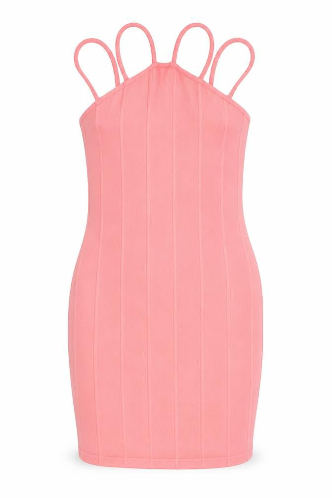 Front view of Miss Selfridge women’s pink polyester bodycon, size UK 10, halter pullover - ribbed