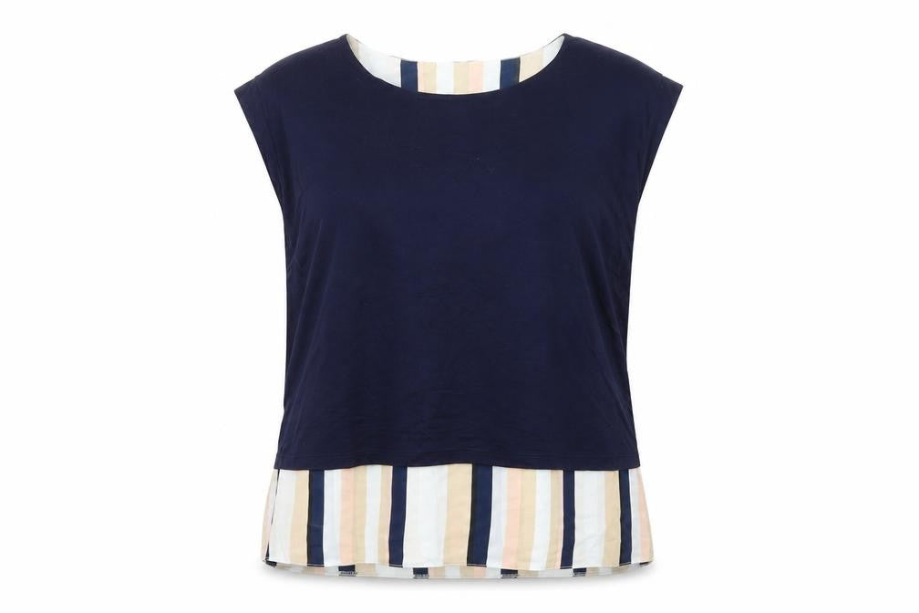 Front view of Wallis women’s multicoloured striped viscose basic t-shirt, size UK 14, boat neck - striped chiffon