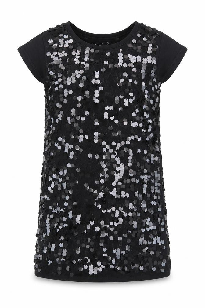 Front view of Next girls’ black geometric 100% cotton basic t-shirt, size 4, years round neck pullover