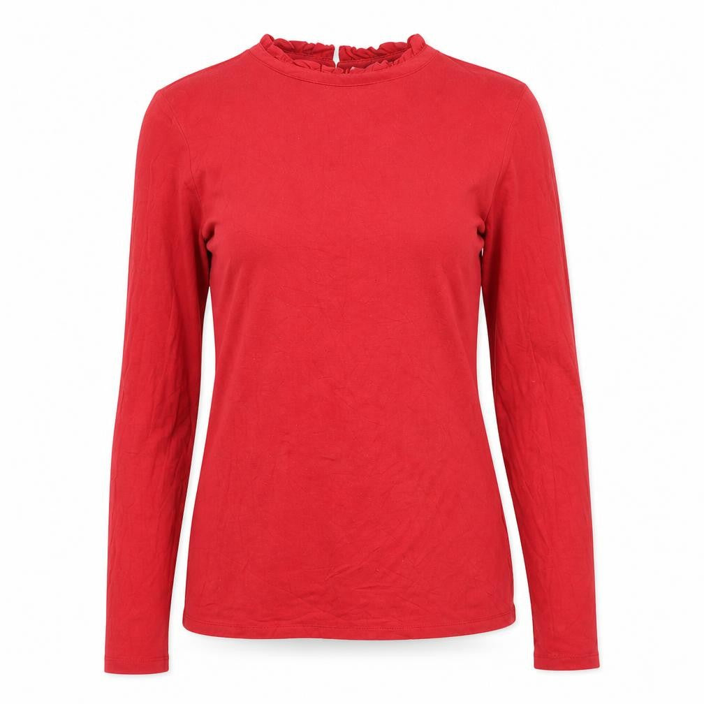Front view of Oasis women’s red viscose basic t-shirt, size S, mock neck