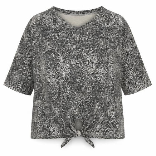Alexara Womens Grey Animal Print Cotton Basic T-Shirt Size M Round Neck - Leopard Print Tie Detail, UK Size M/L