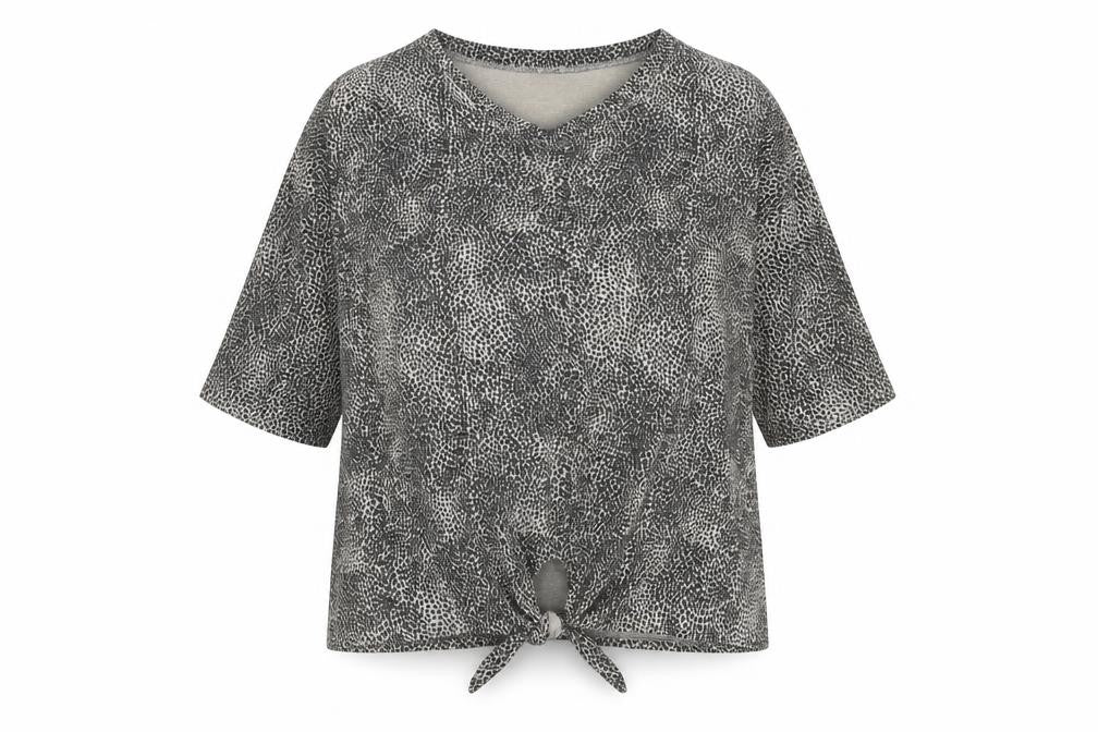 Alexara Womens Grey Animal Print Cotton Basic T-Shirt Size M Round Neck - Leopard Print Tie Detail, UK Size M/L