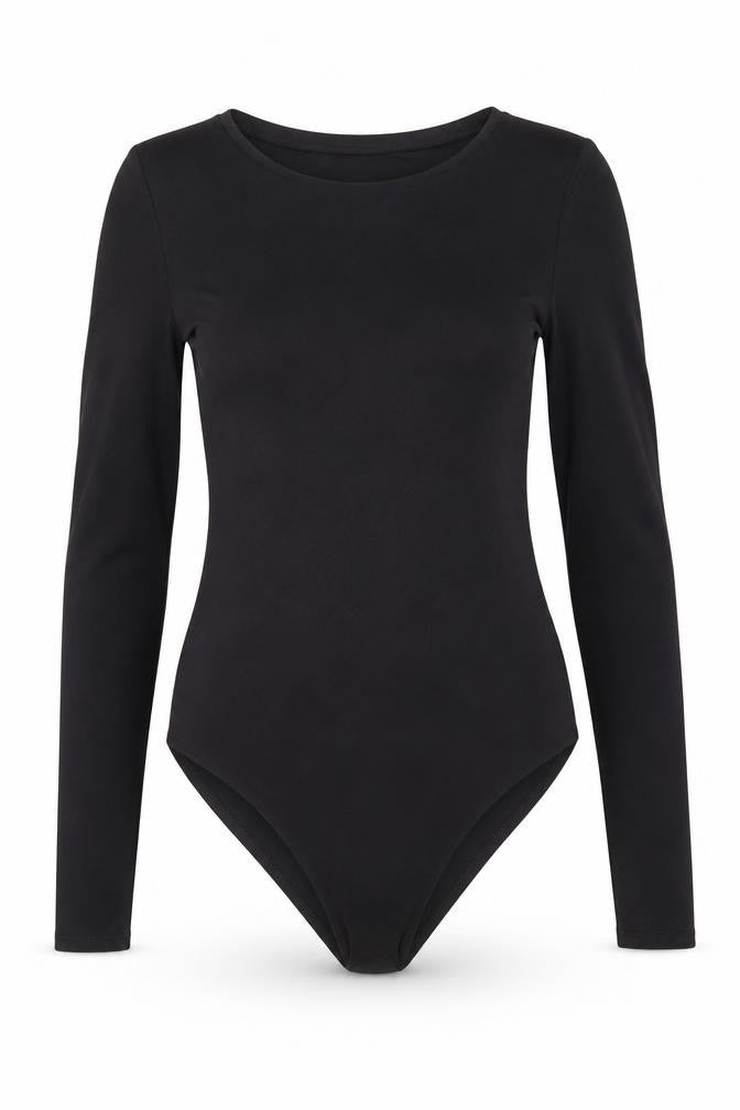 Front view of PRETTYLITTLETHING women’s black polyester bodysuit one-piece, size UK 8, 11-inch leg snap