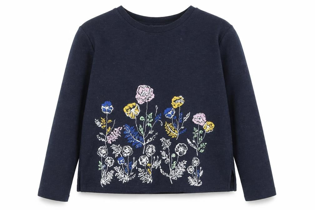 Front view of Marks & Spencer women’s blue floral polyester pullover sweatshirt, size UK 10, pullover