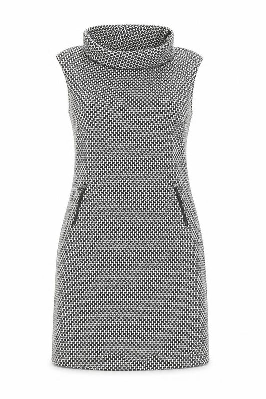 Front view of Sabrina Diamanti women’s white geometric cotton a-line, size XL, roll neck zip