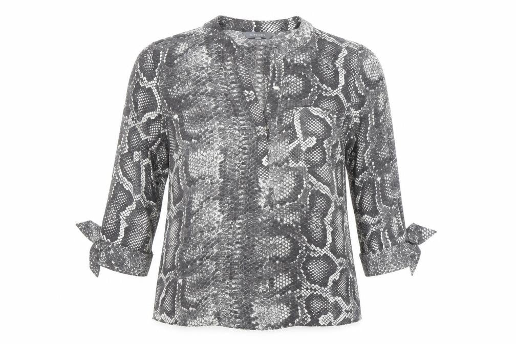 Front view of Principles women’s grey animal print polyester basic blouse, size UK 12, v-neck - snake print