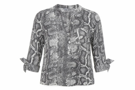 Front view of Principles women’s grey animal print polyester basic blouse, size UK 12, v-neck - snake print
