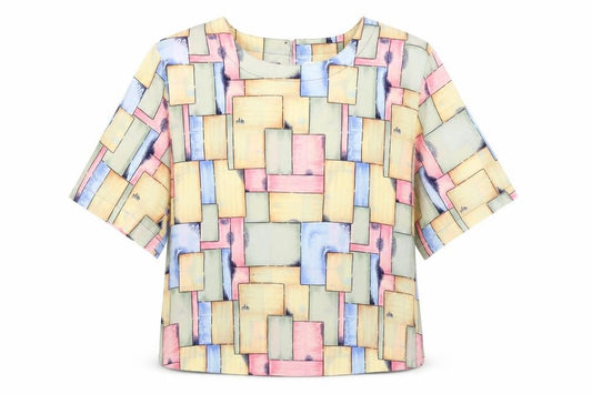 Front view of Modern Essentials women’s multicoloured geometric polyester tunic blouse, size L, round neck