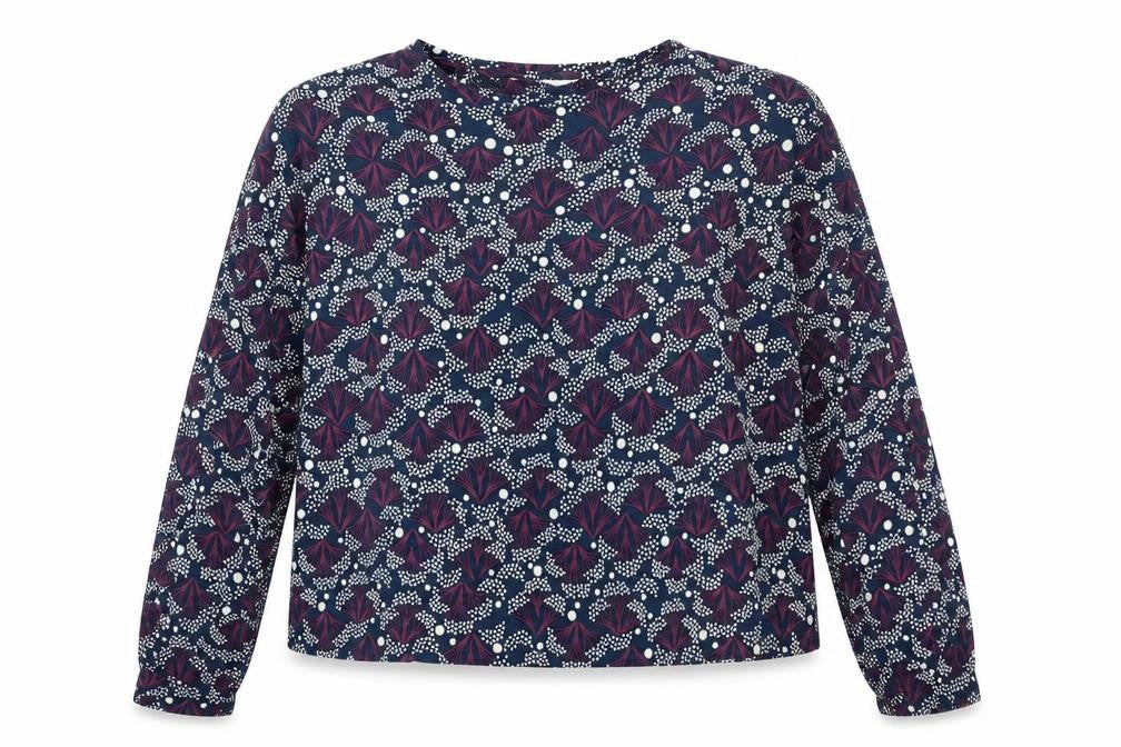Front view of Primark women’s blue round neck geometric polyester jumper, size XL