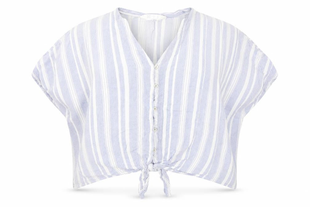 Front view of Primark women’s black striped viscose basic button-up, size UK 14, v-neck