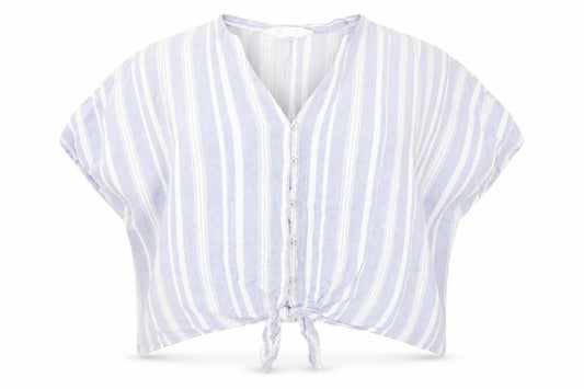 Front view of Primark women’s black striped viscose basic button-up, size UK 14, v-neck