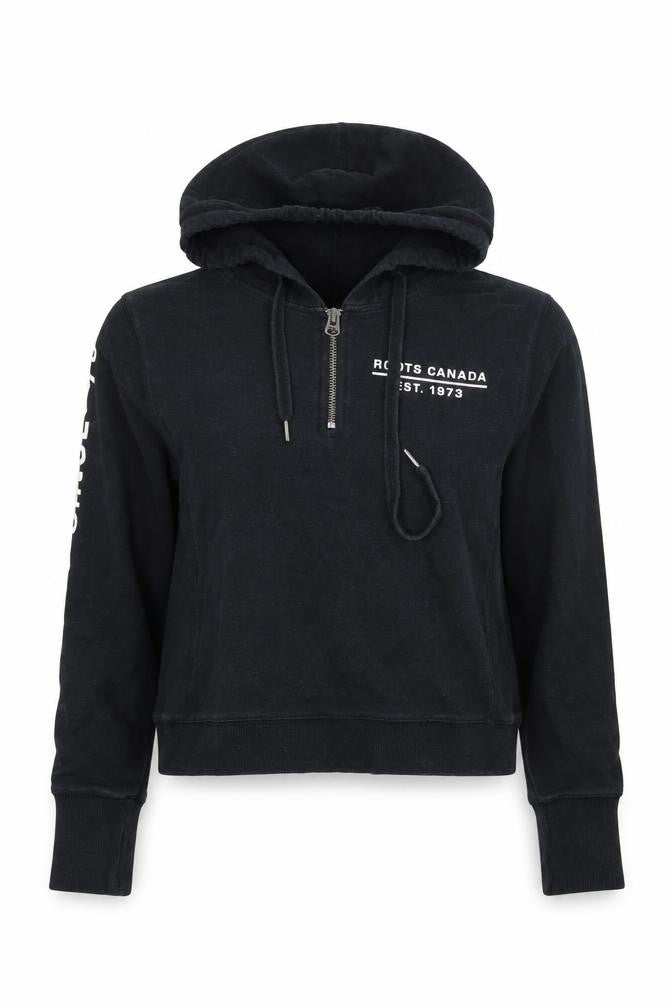 Front view of Roots women’s black cotton pullover hoodie, size XS, pullover