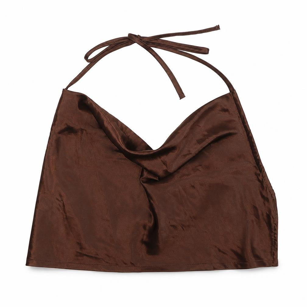 Front view of Divided by H&M women’s brown polyester cropped blouse, size XS, cowl neck