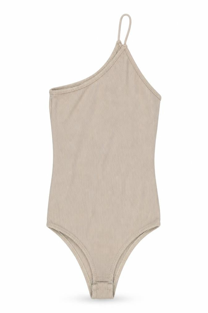 Front view of Trendyol women’s beige polyester bodysuit one-piece, size S, snap - ribbed