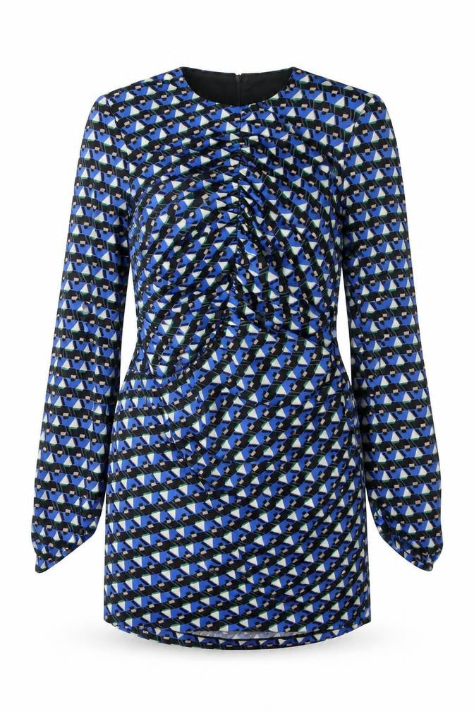 Front view of Zara women’s blue geometric polyester mini, size S, scoop neck zip