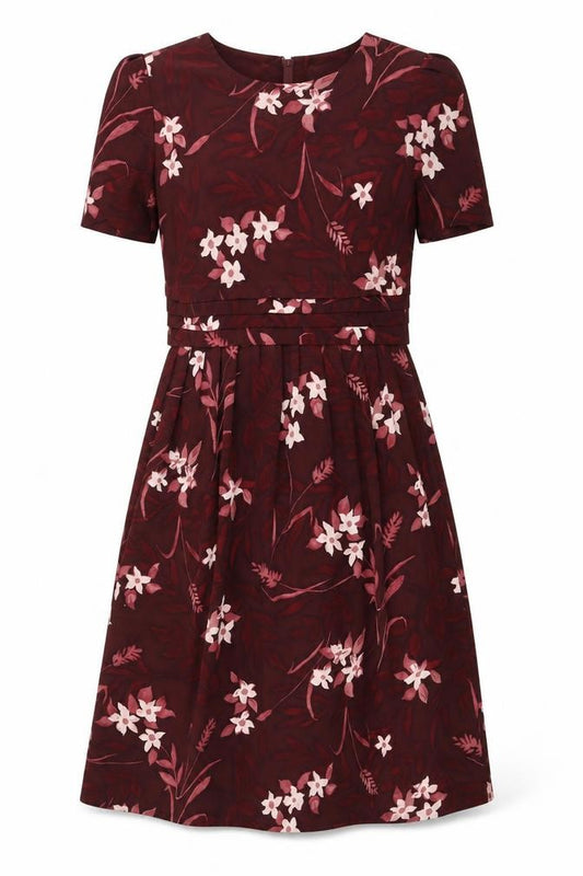 Front view of Kathie Lee Collection women’s red floral polyester fit & flare, size UK 8, round neck zip - shoulder pads