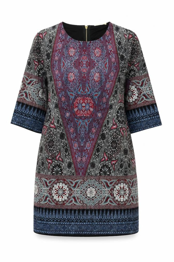 Front view of Bow & Arrow women’s multicoloured geometric polyester a-line, size L, scoop neck zip