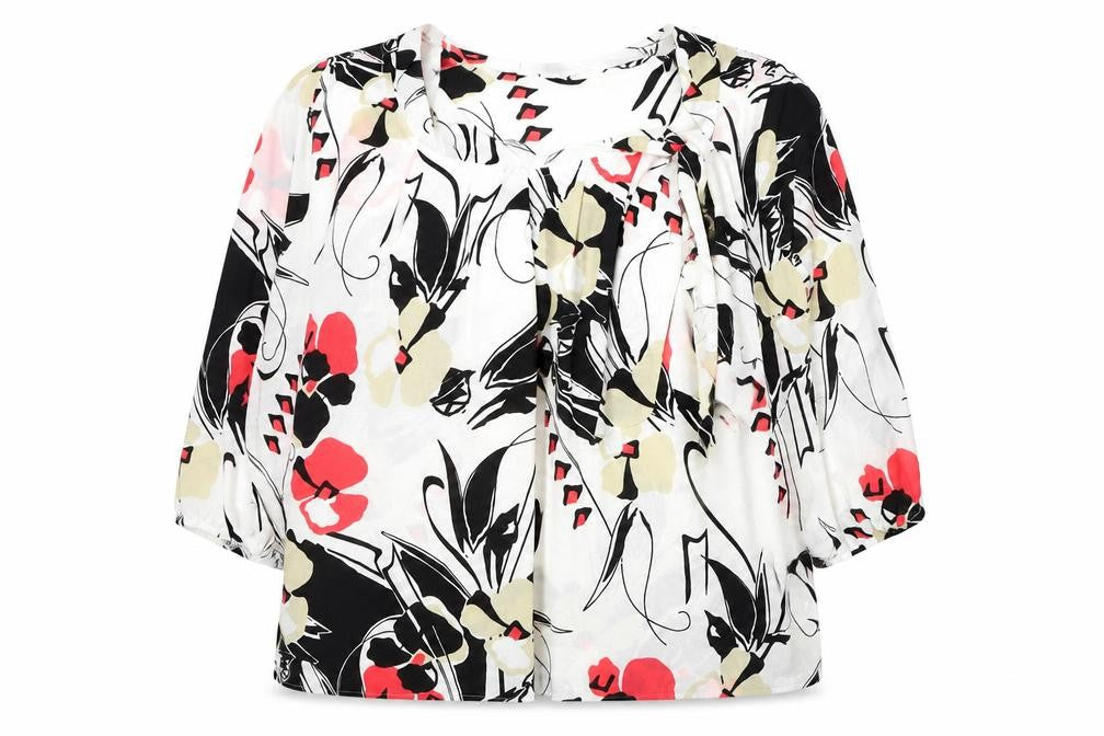Front view of Afibel women’s multicoloured floral polyester basic blouse, size UK 16, scoop neck
