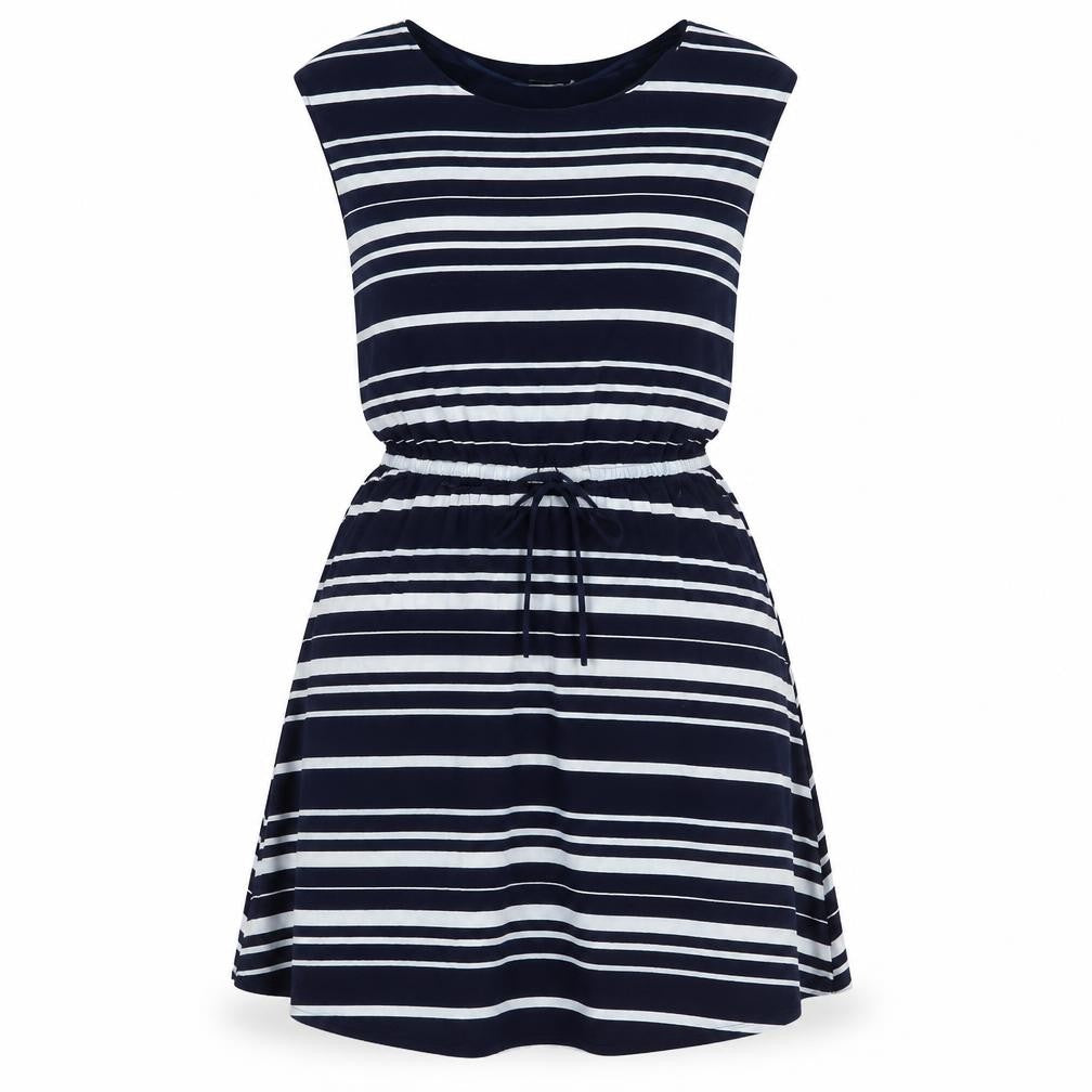 Front view of Gap women’s blue striped viscose fit & flare, size M, boat neck drawstring