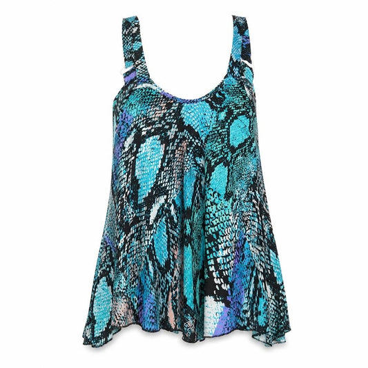 Front view of Boohoo women’s multicoloured animal print polyester camisole tank, size UK 6, scoop neck - snake print