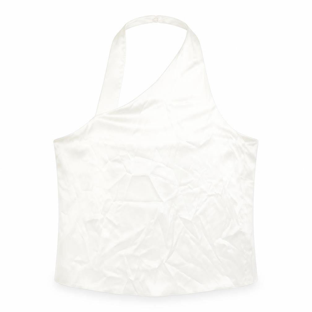 Front view of Zara women’s white polyester cropped tank, size L, halter