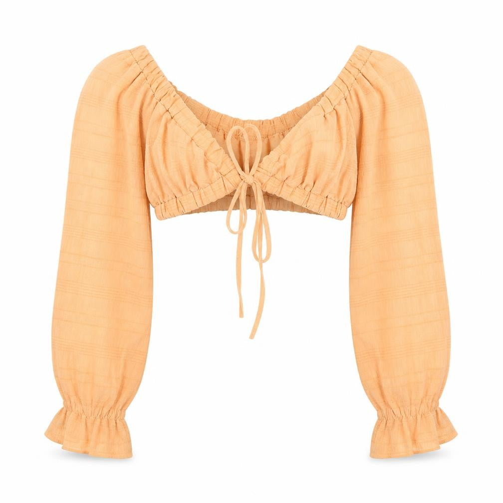 Front view of SHEIN women’s orange polyester cropped t-shirt, size M, off the shoulder