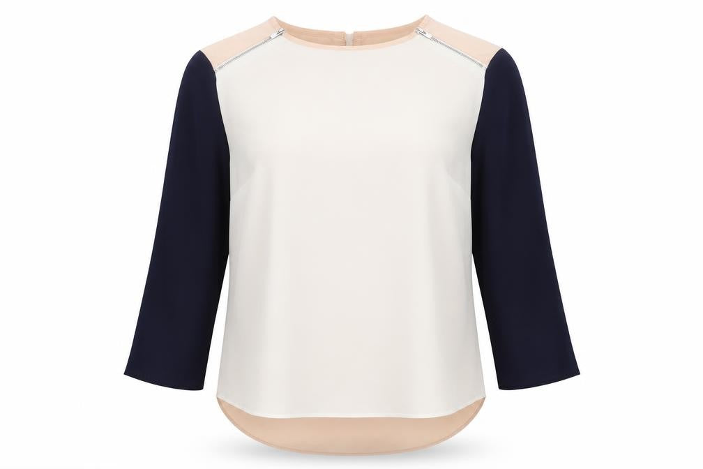 Front view of Primark women’s multicoloured colourblock polyester basic blouse, size UK 6, round neck