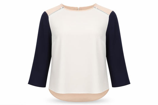Front view of Primark women’s multicoloured colourblock polyester basic blouse, size UK 6, round neck
