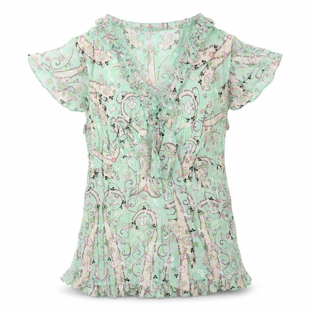 Front view of Violet & Claire women’s green geometric polyester basic blouse, size S, v-neck