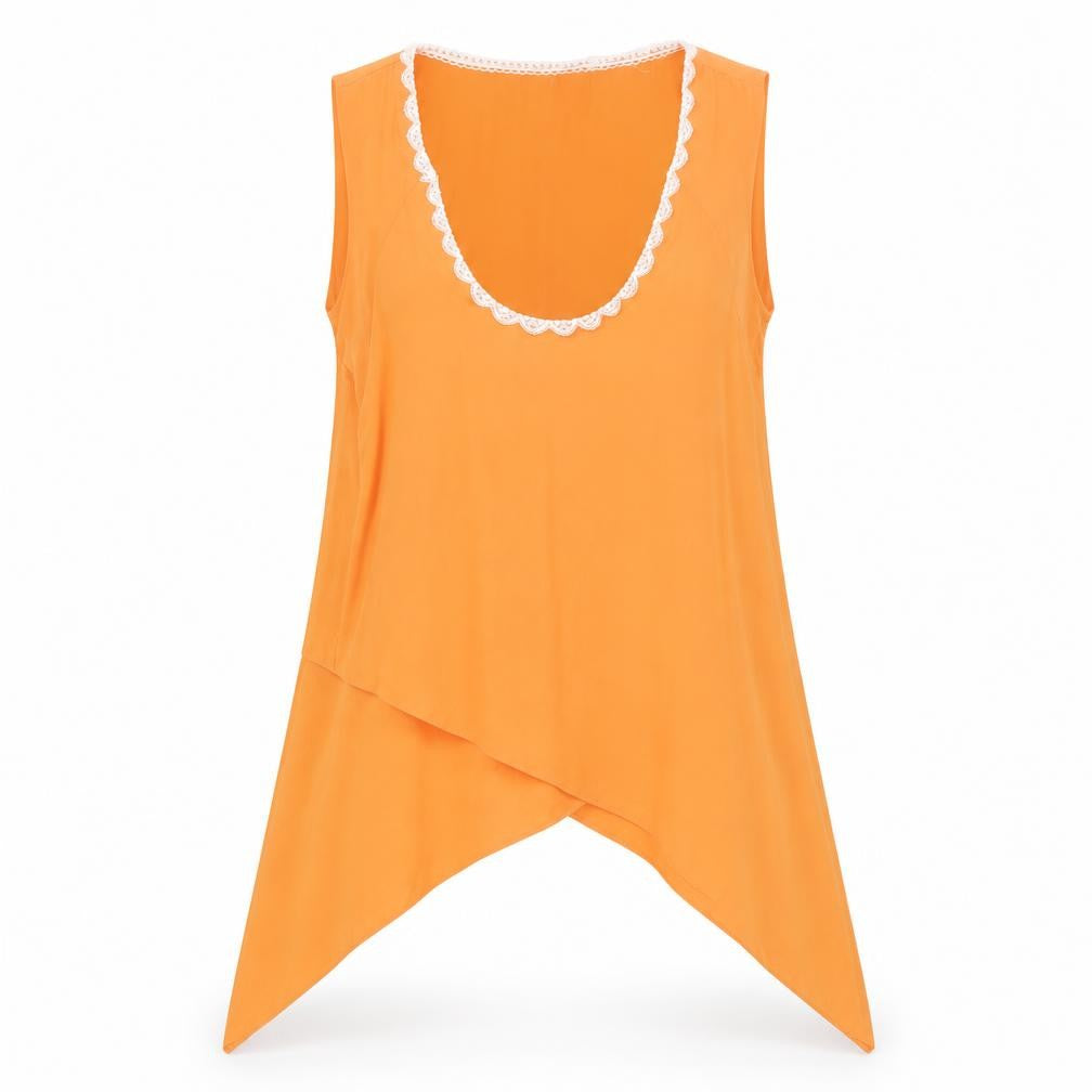 Front view of Julien Macdonald women’s orange polyester basic blouse, size UK 12, scoop neck - asymmetric