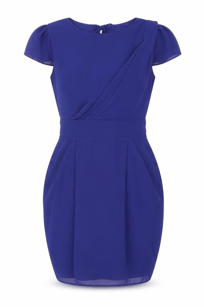 Front view of River Island women’s blue polyester mini, size UK 10, round neck zip