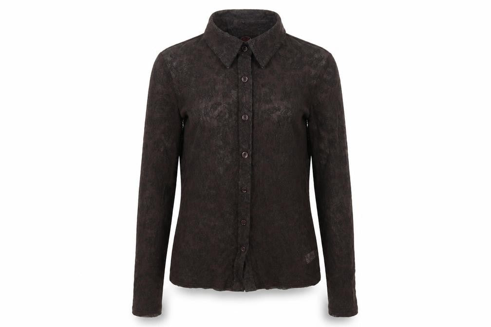 Front view of TZAR women’s brown geometric nylon basic button-up, size S, collared -, size S/m