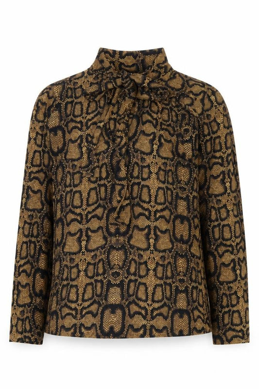 Front view of Marks & Spencer women’s multicoloured animal print viscose basic blouse, mock neck - snake skin print