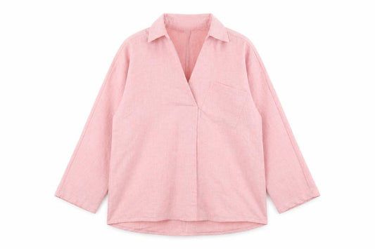 Front view of Zanzea women’s pink polyester basic t-shirt, size S, collared