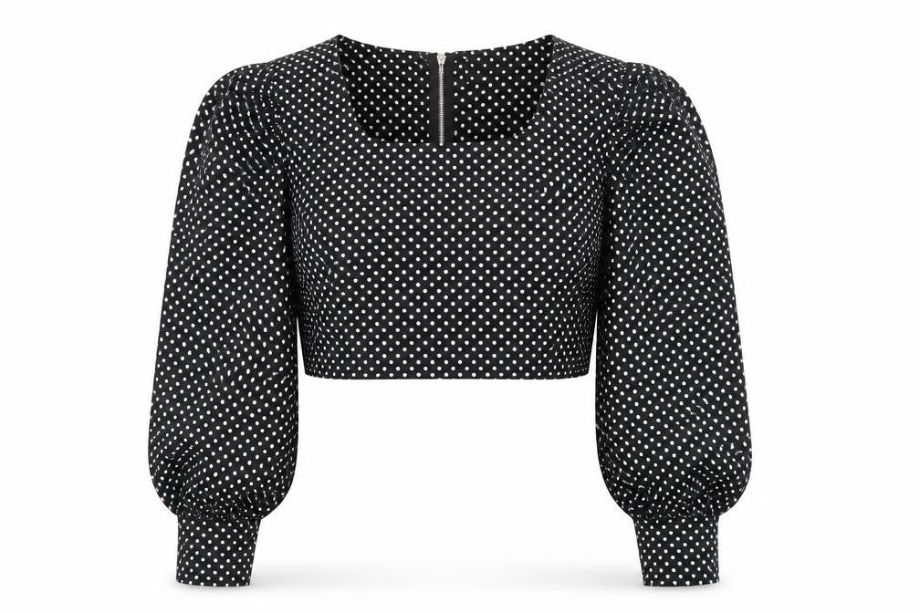 Front view of Nasty Gal women’s black polka dot polyester cropped blouse, size UK 8, square neck