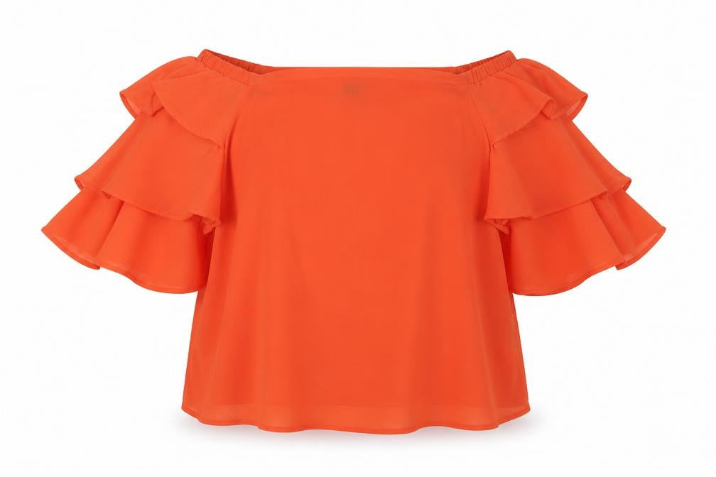 Front view of New Look women’s orange polyester basic blouse, size UK 14, off the shoulder