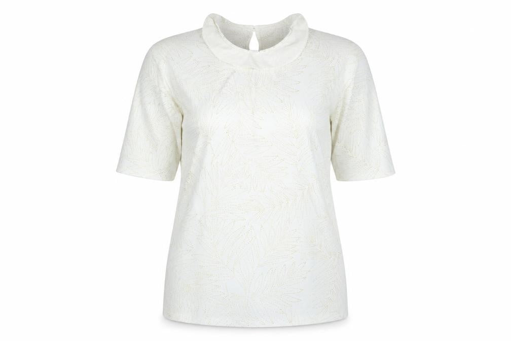 Front view of David Bradley women’s white geometric polyester basic t-shirt, size UK 10, collared
