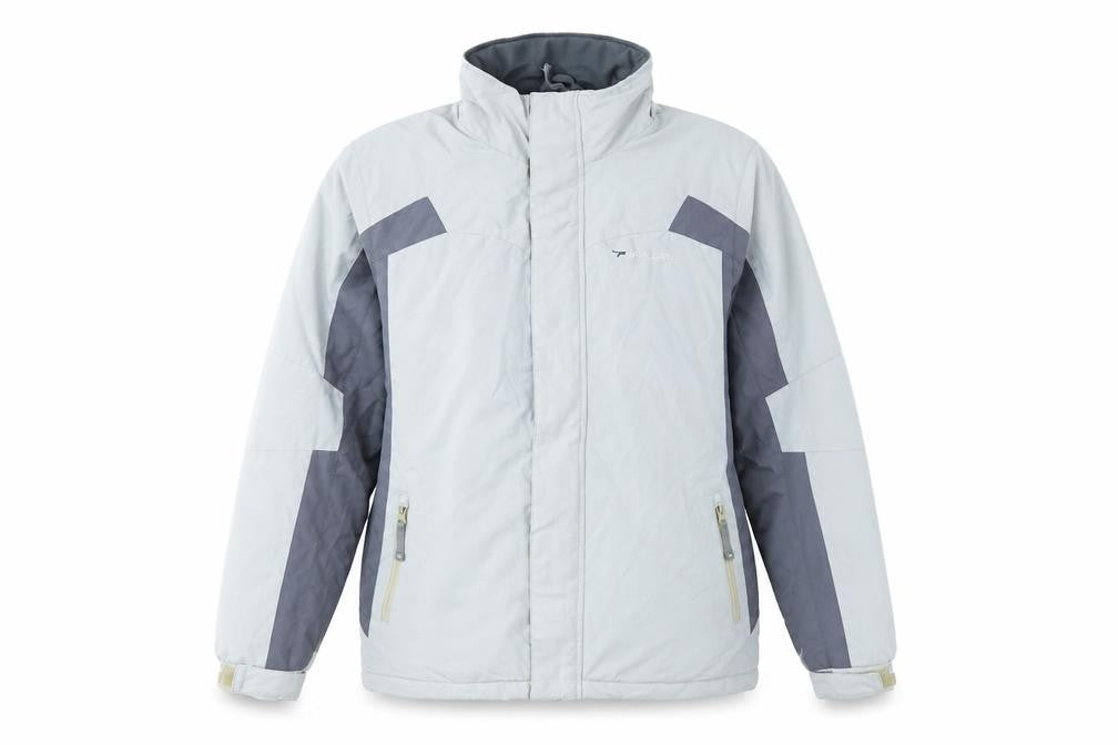 Front view of Parallel men’s grey rain coat coat, size S, zip